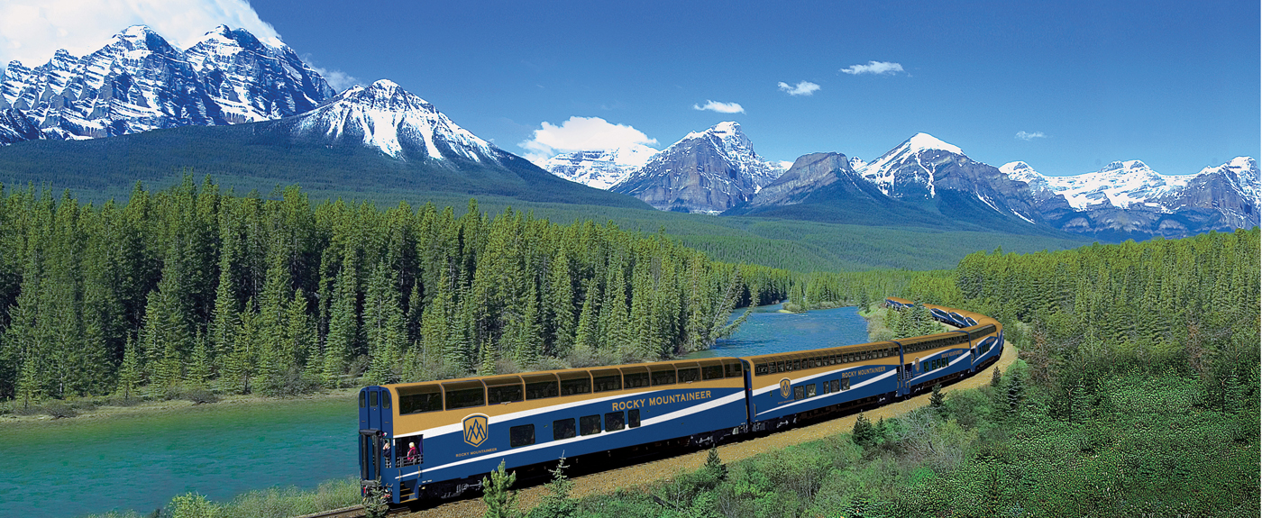 Rocky Mountaineer in the Canadian Rockies. Location is at Morant's Curve near Lake Louise, Alberta.